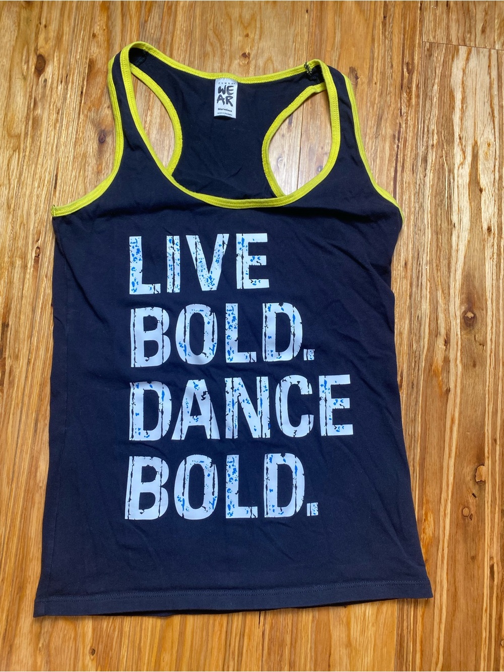 Zumba Fitness Navy Tank with Yellow Trim and White Print
